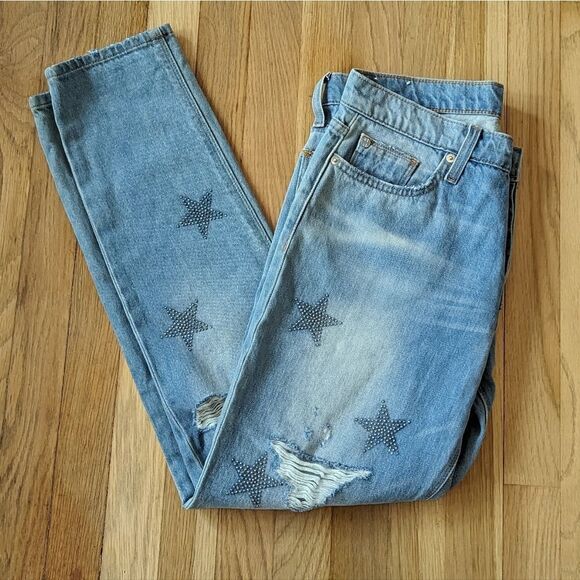 Hudson Jeans Riley Crop Relaxed Straight Jeans in Amplify light wash with stars - Picture 4 of 7